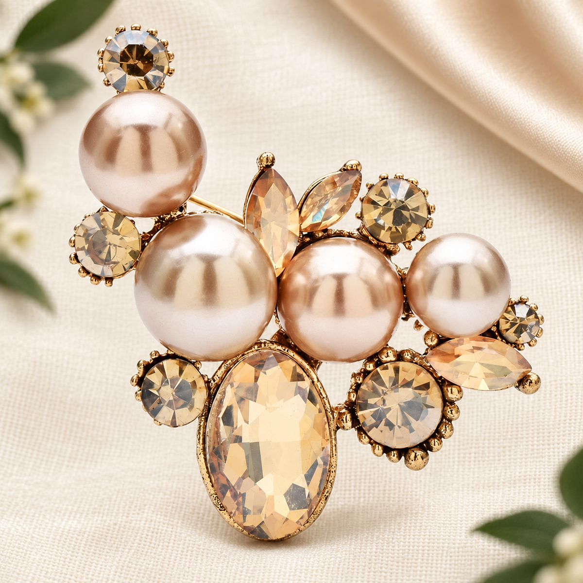 Pearl-Look Flower Cluster with Faceted Drop Brooch — styled background