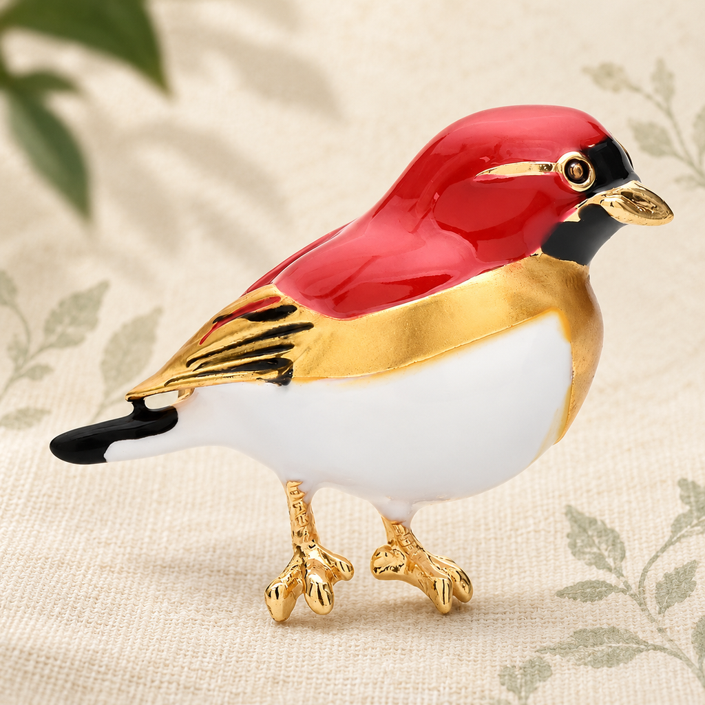 Red and Yellow Enamel Songbird Brooch — styled background