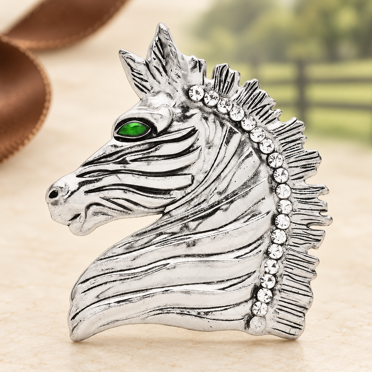 Textured Horse Head with Rhinestone Mane Brooch — styled background