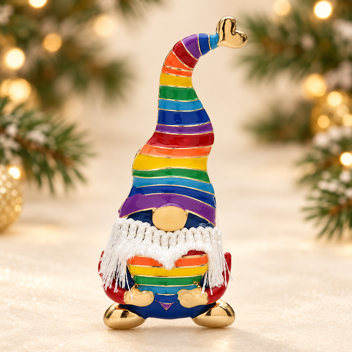 Rainbow Hat Christmas Gnome Brooch — styled background