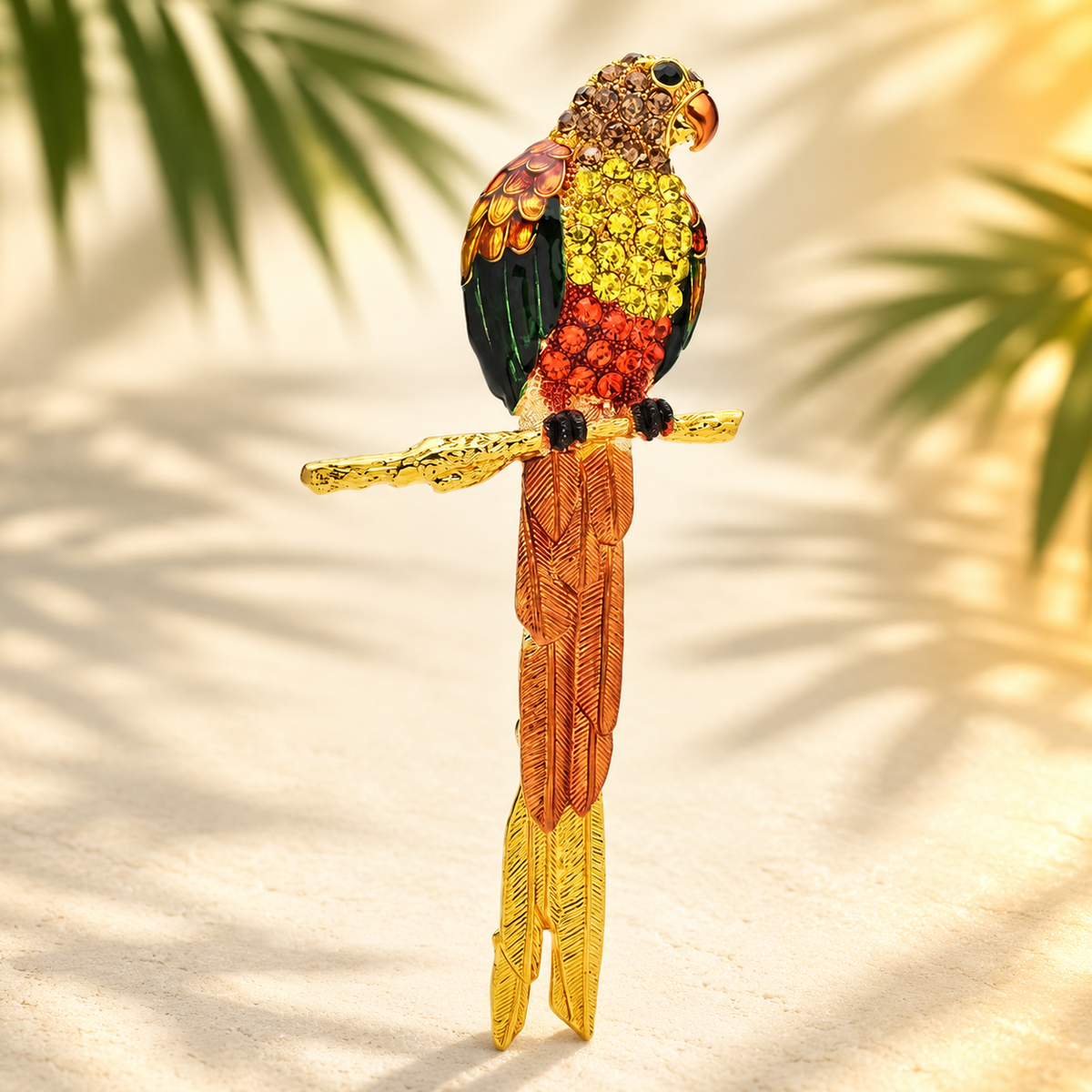 Long-Tailed Enamel Parrot with Rhinestones Brooch — styled background
