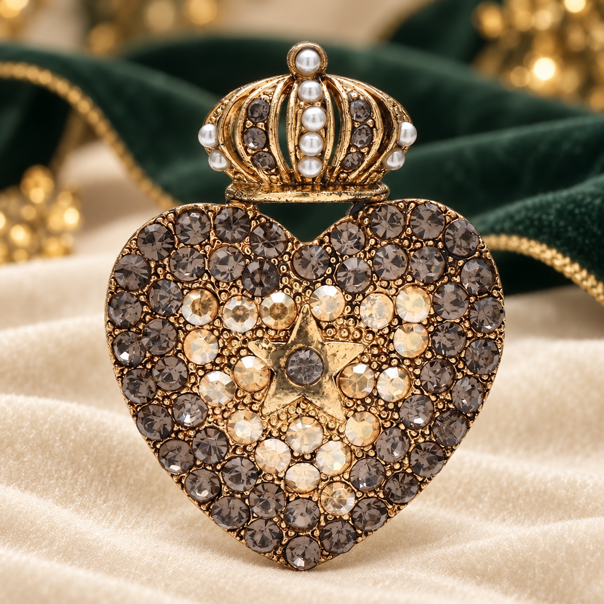 Vintage-Style Crowned Rhinestone Heart Brooch — styled background