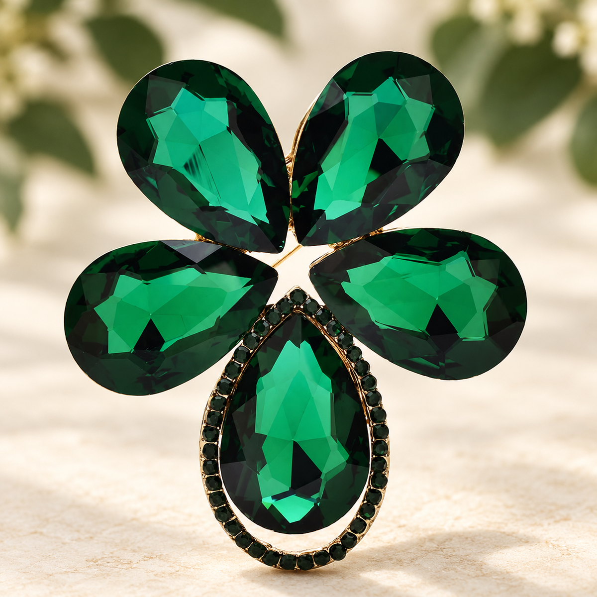 Large Five-Petal Faceted Flower Brooch — styled background