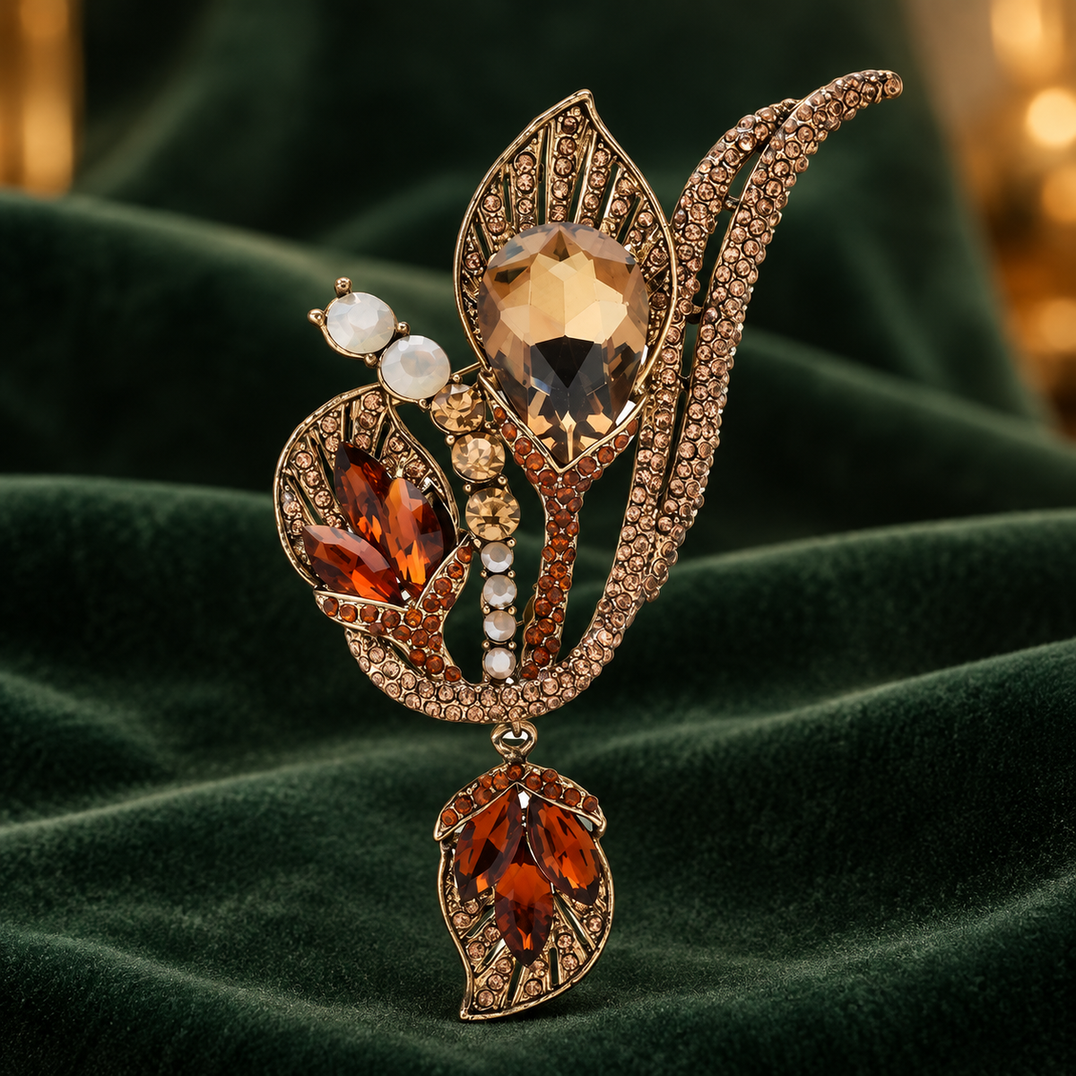 Statement Jeweled Floral Spray with Drop Brooch — styled background