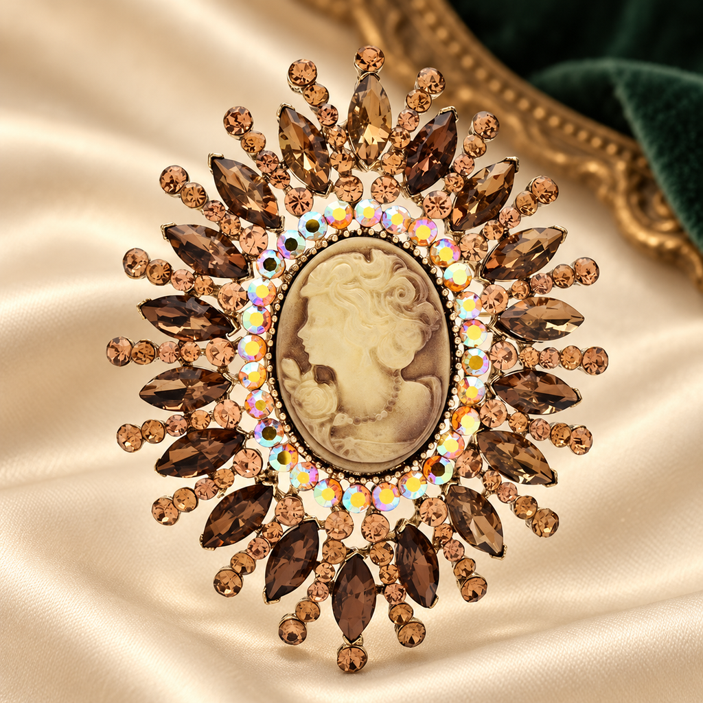 Large Cameo Sunburst with Faceted Rays Brooch — styled background