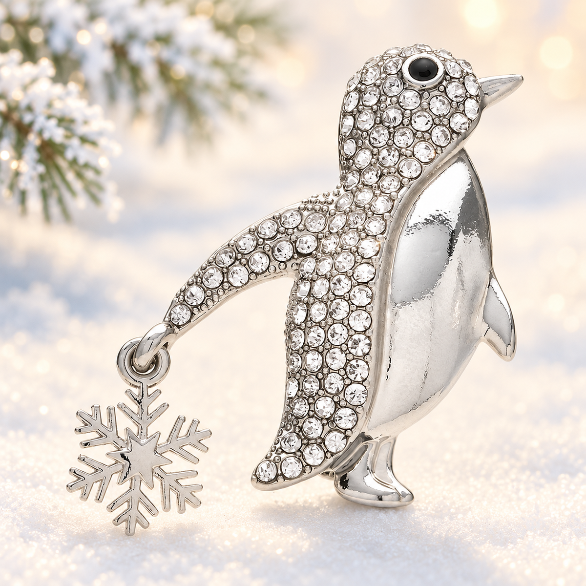 Rhinestone Penguin with Dangling Snowflake Brooch — styled background