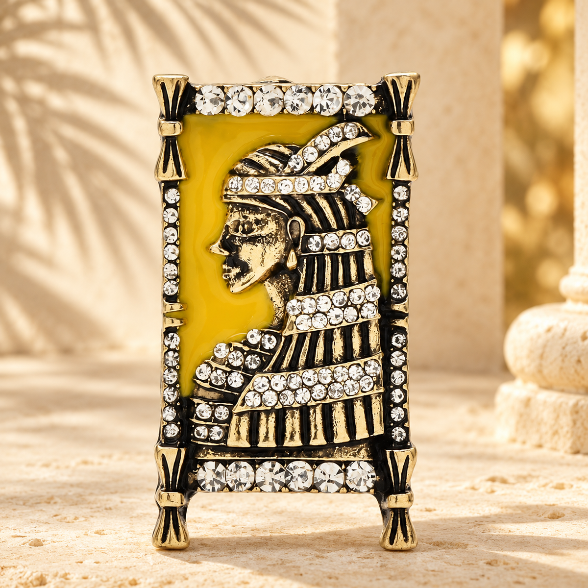 Profile Portrait in Rhinestone Frame Brooch — styled background