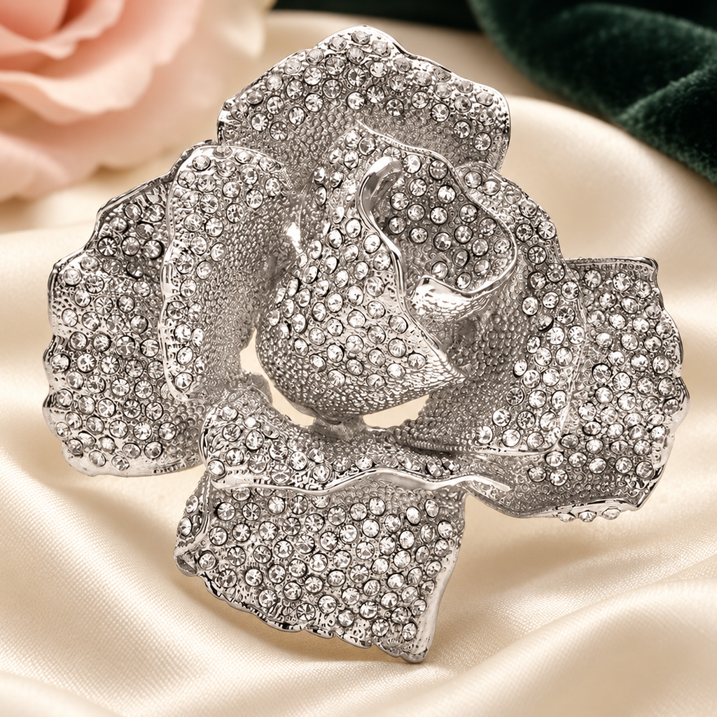 Statement Rhinestone Rose Brooch — styled background