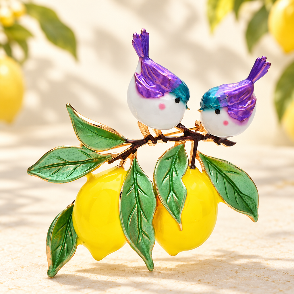 Enamel Bird Pair on Lemon Branch Brooch — styled background