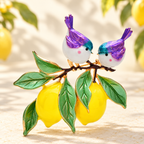 Enamel Bird Pair on Lemon Branch Brooch — styled background