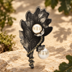 Vintage-Style Leaf with Pearl-Look Drops Brooch — styled background