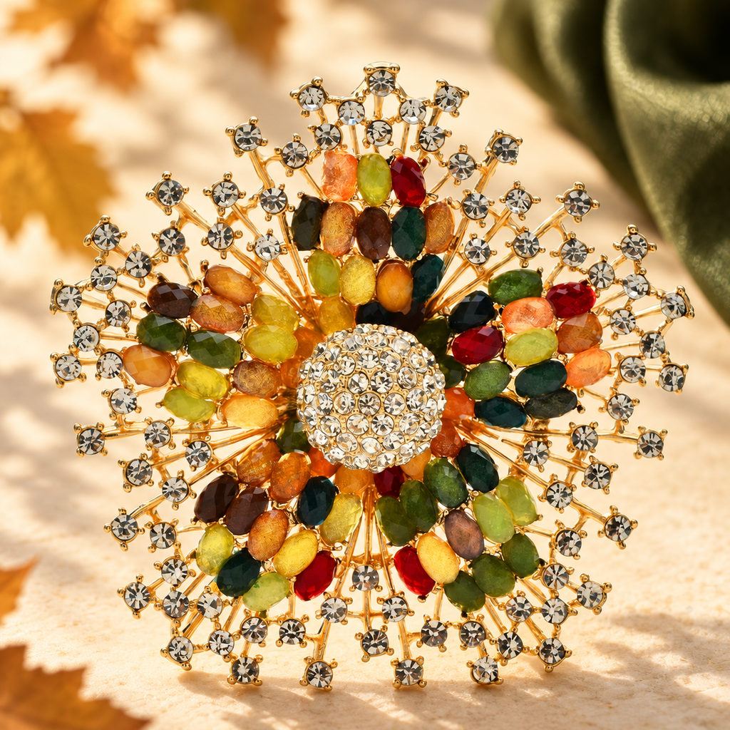 Large Jeweled Flower with Radiating Rhinestone Border Brooch — styled background
