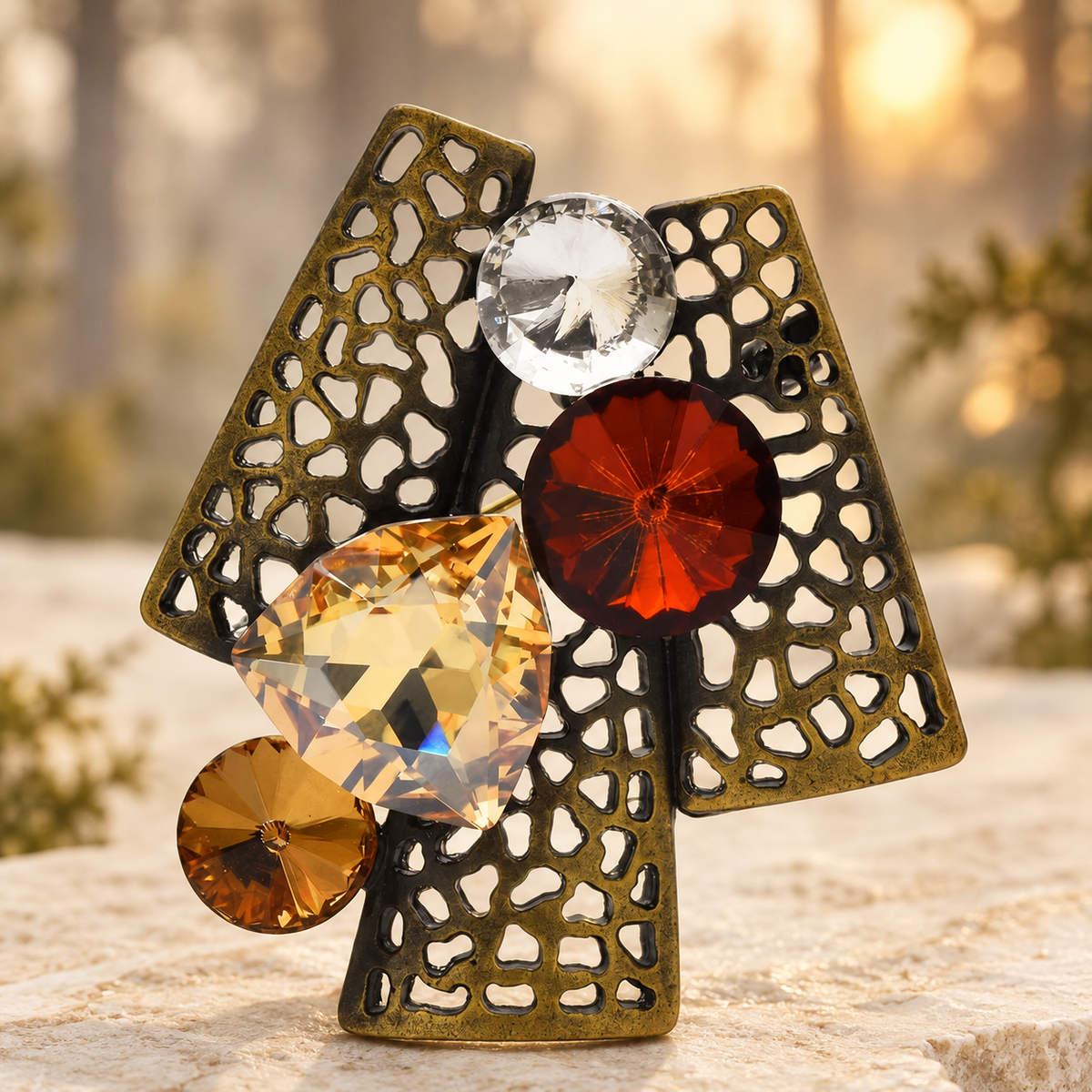 Geometric Openwork Tree with Faceted Accents Brooch — styled background