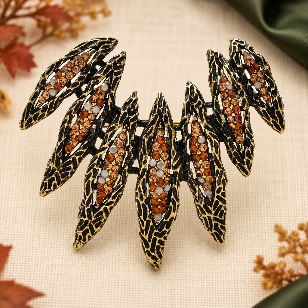 Rhinestone Feather Wing Fan Brooch — styled background