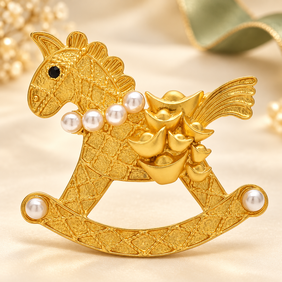 Gold-Tone Rocking Horse with Pearl-Look Trim Brooch — styled background