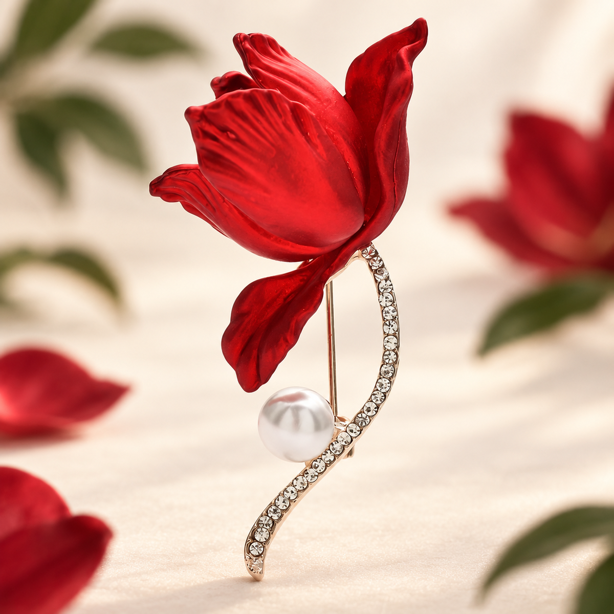 Red Enamel Magnolia with Pearl-Look Accent Brooch — styled background