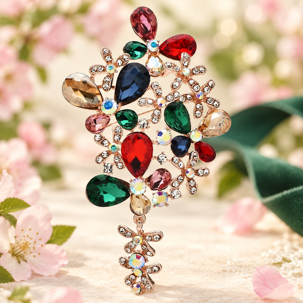 Jeweled Butterfly and Flower Spray Brooch — styled background