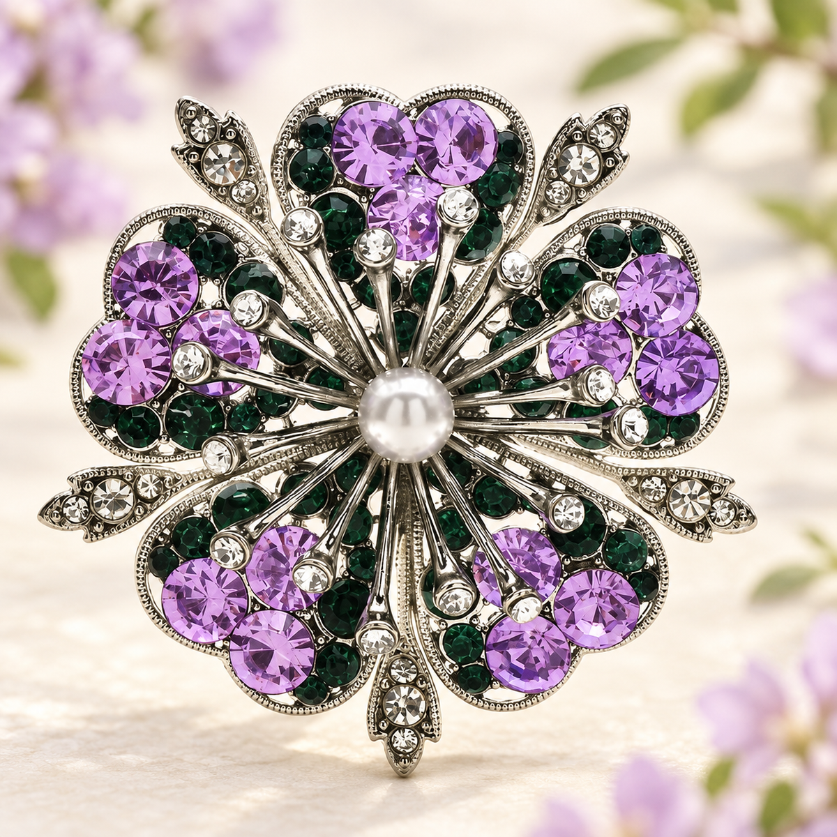 Rhinestone Cherry Blossom with Pearl-Look Center Brooch — styled background