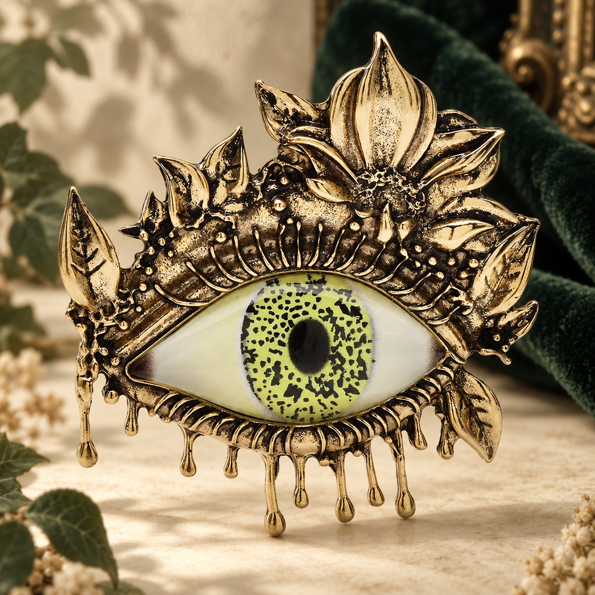 Vintage-Style Green Eye with Floral Frame Brooch — styled background