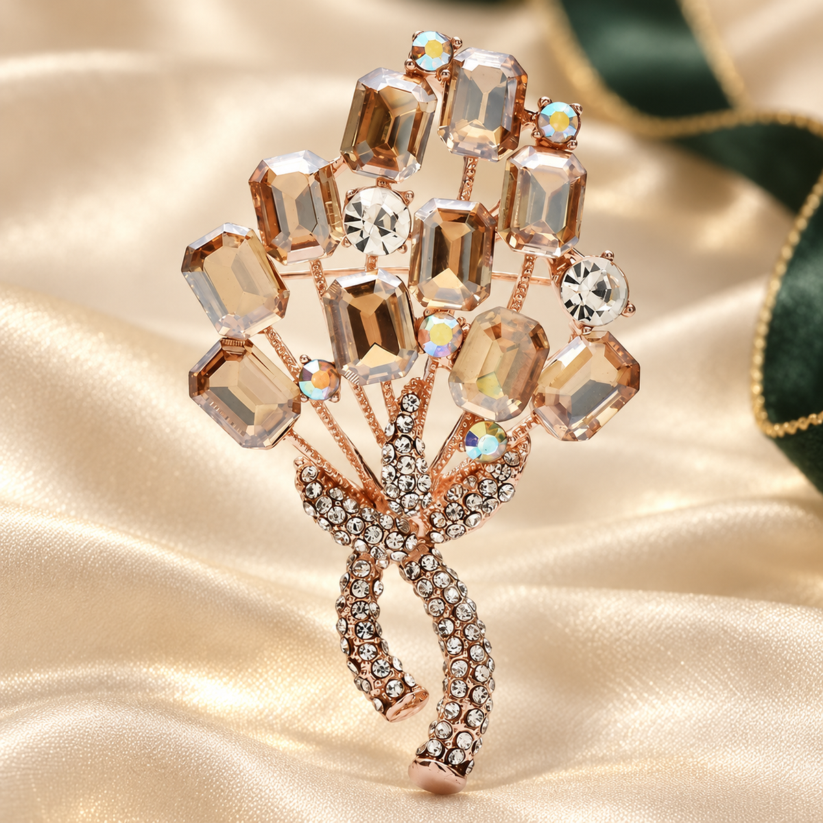 Faceted Flower Bouquet with Rhinestone Bow Brooch — styled background
