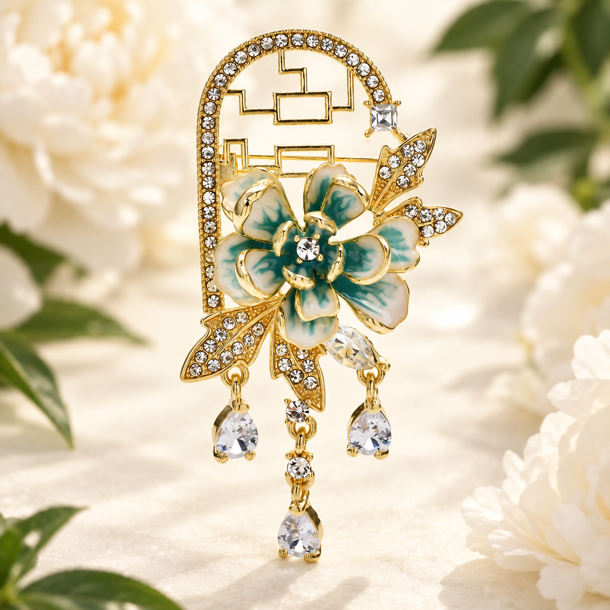 Enamel Peony on Arched Frame with Dangling Drops Brooch — styled background