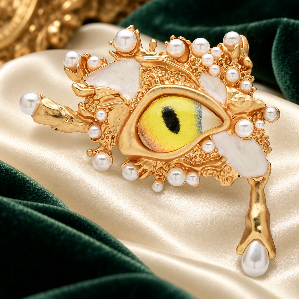 Surreal Yellow Eye with Pearl-Look and Teardrop Accents Brooch — styled background