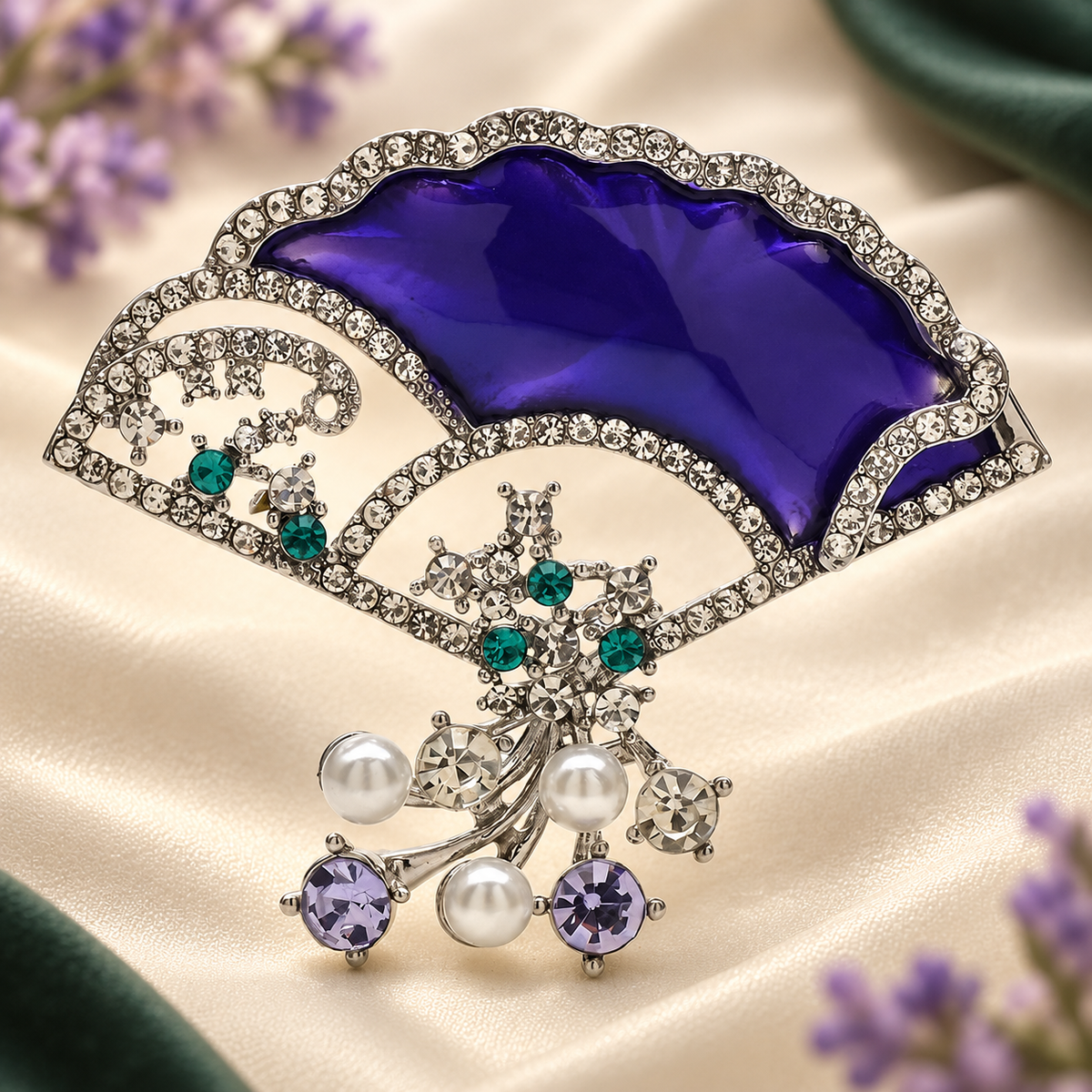 Purple Enamel Fan with Rhinestone Flower Dangles Brooch — styled background