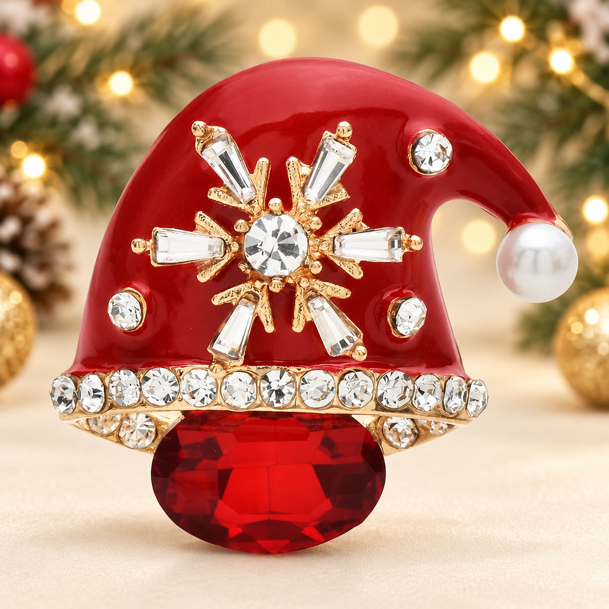Red Enamel Santa Hat with Snowflake Brooch — styled background