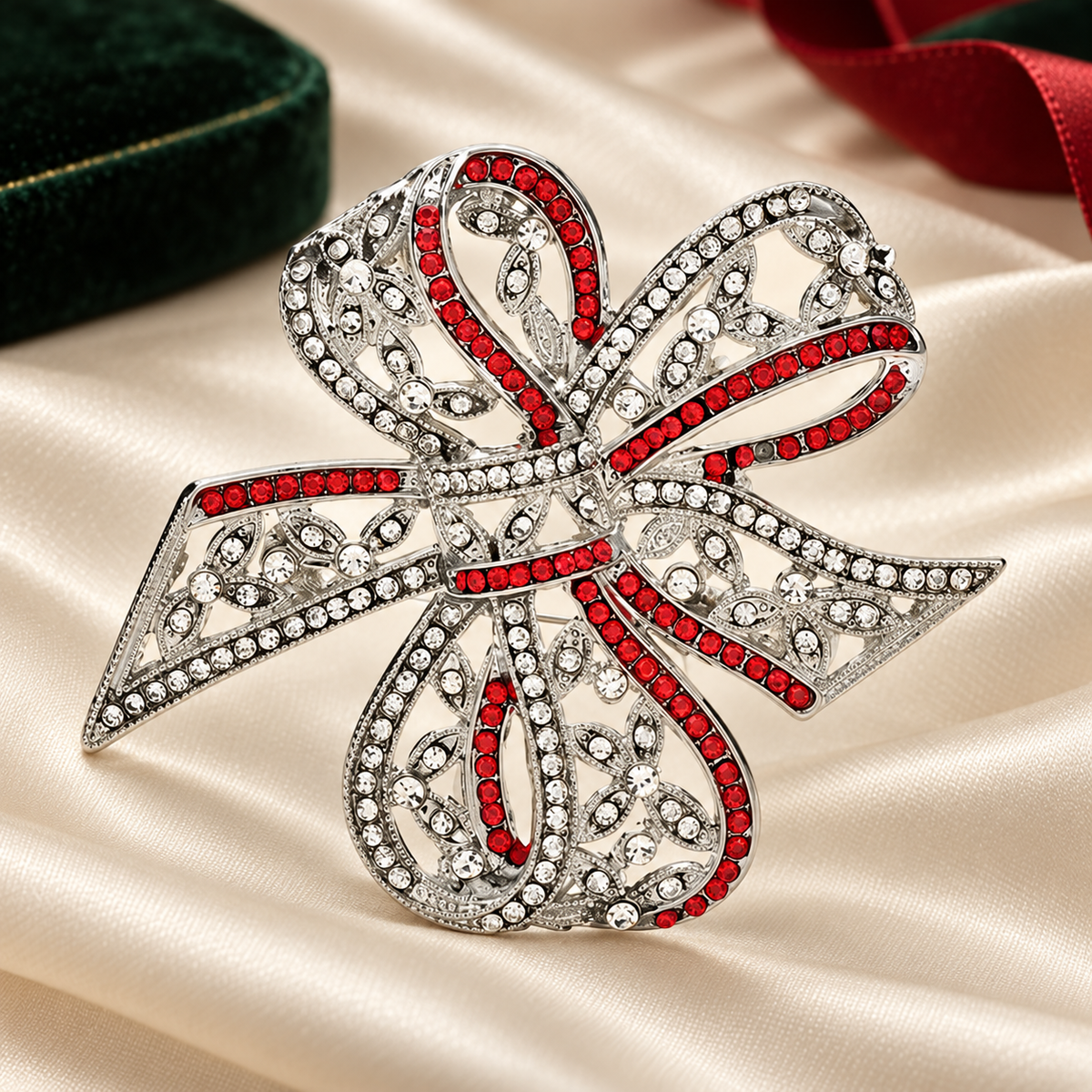 Large Rhinestone Ribbon Bow Brooch — styled background