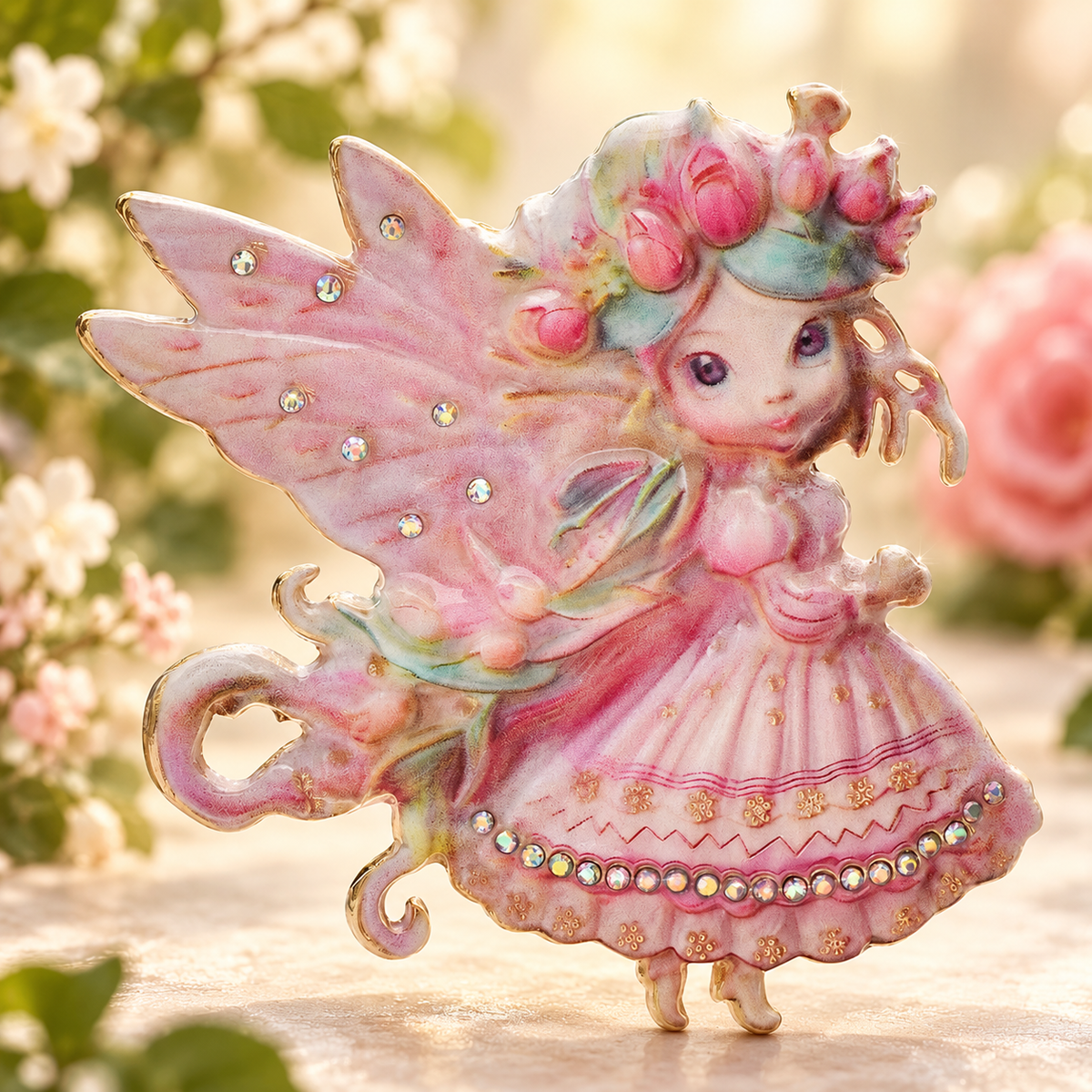 Butterfly Fairy with Floral Crown and Ruffled Dress Brooch — styled background