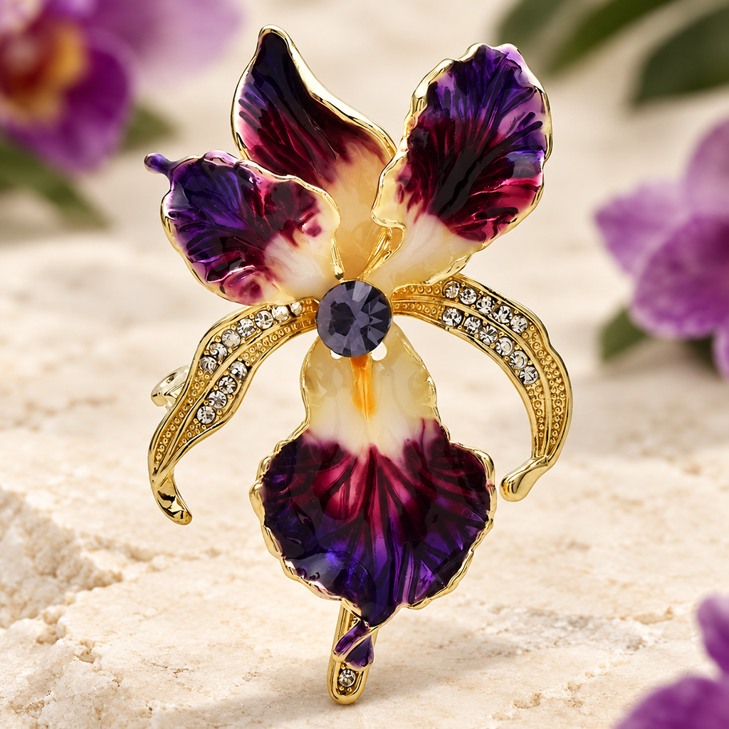 Enamel Orchid with Rhinestone Arched Petals Brooch — styled background