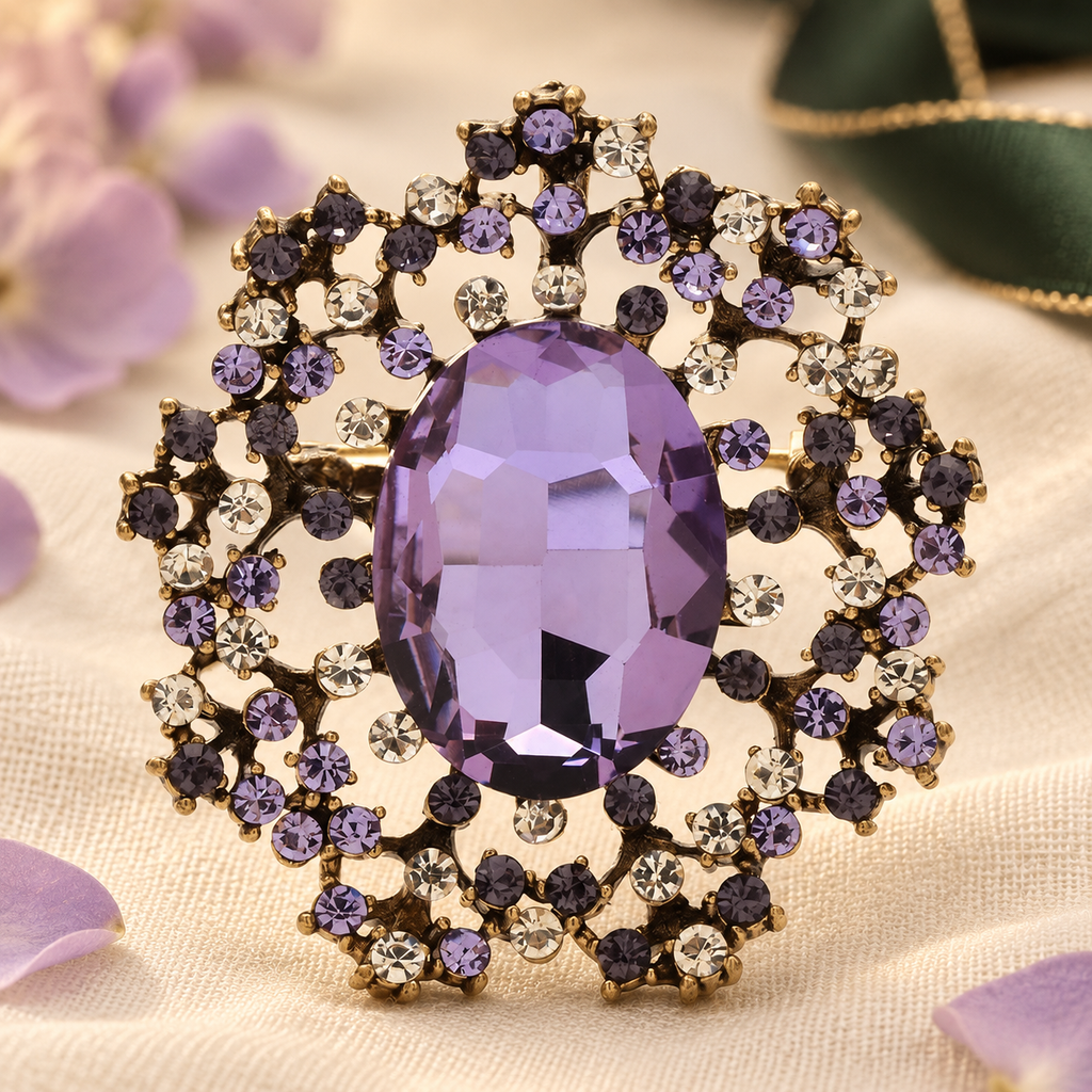 Oval Faceted Center with Ornate Rhinestone Frame Brooch — styled background