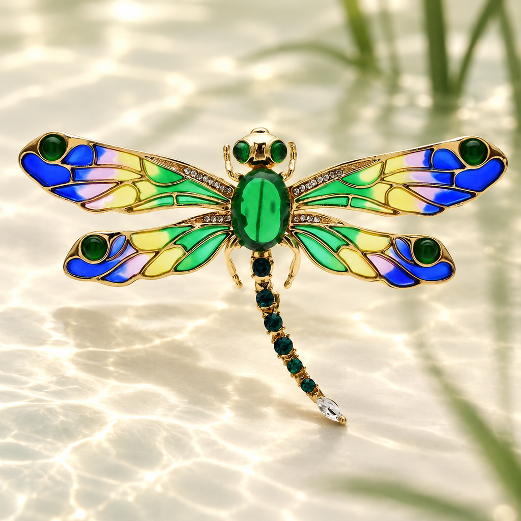 Enamel Dragonfly with Faceted Body and Patterned Wings Brooch — styled background