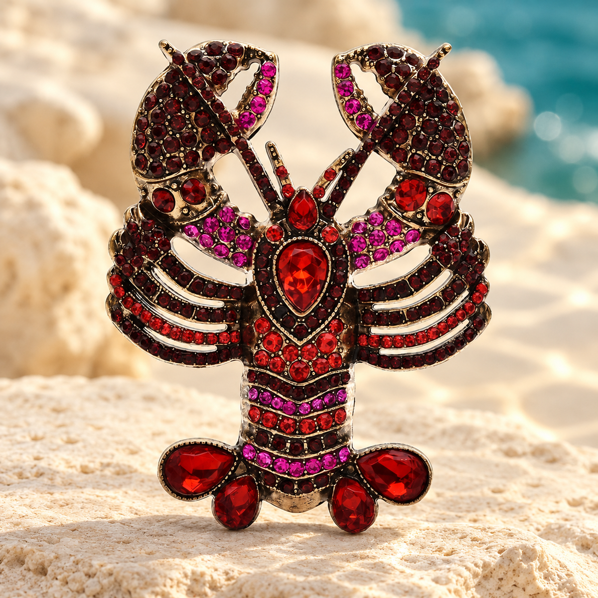 Large Jeweled Lobster with Patterned Claws Brooch — styled background