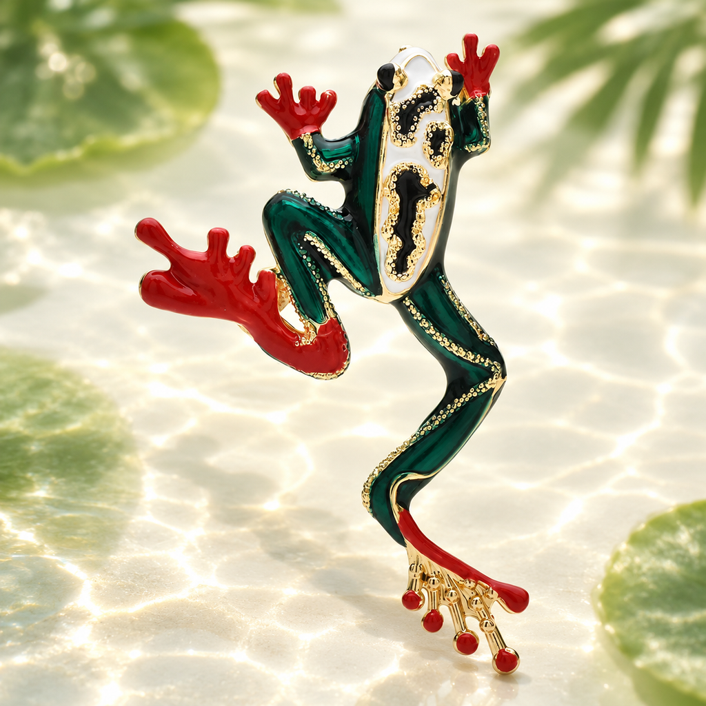 Jumping Enamel Frog with Red Feet Brooch — styled background