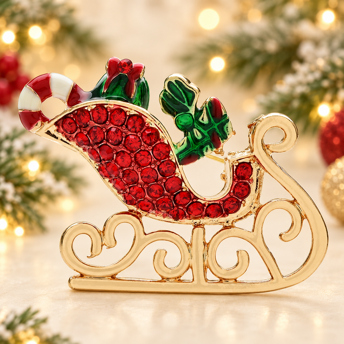 Rhinestone Christmas Sleigh with Gifts and Candy Cane Brooch — styled background