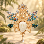 Forest Elf Face with Jeweled Floral Crown Brooch — styled background