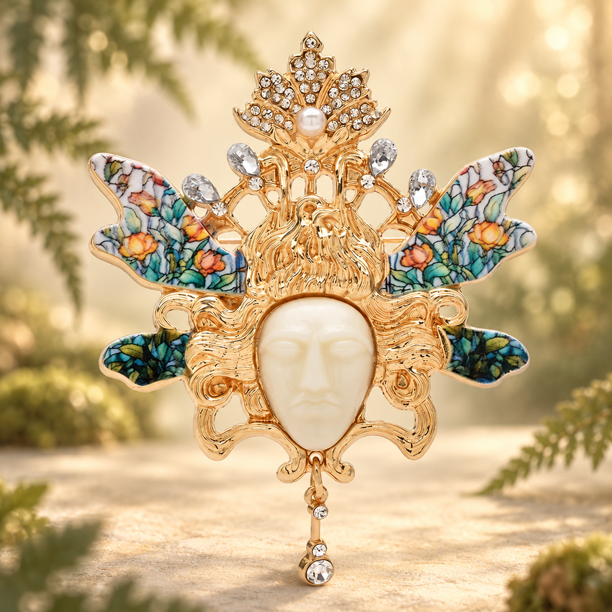 Forest Elf Face with Jeweled Floral Crown Brooch — styled background