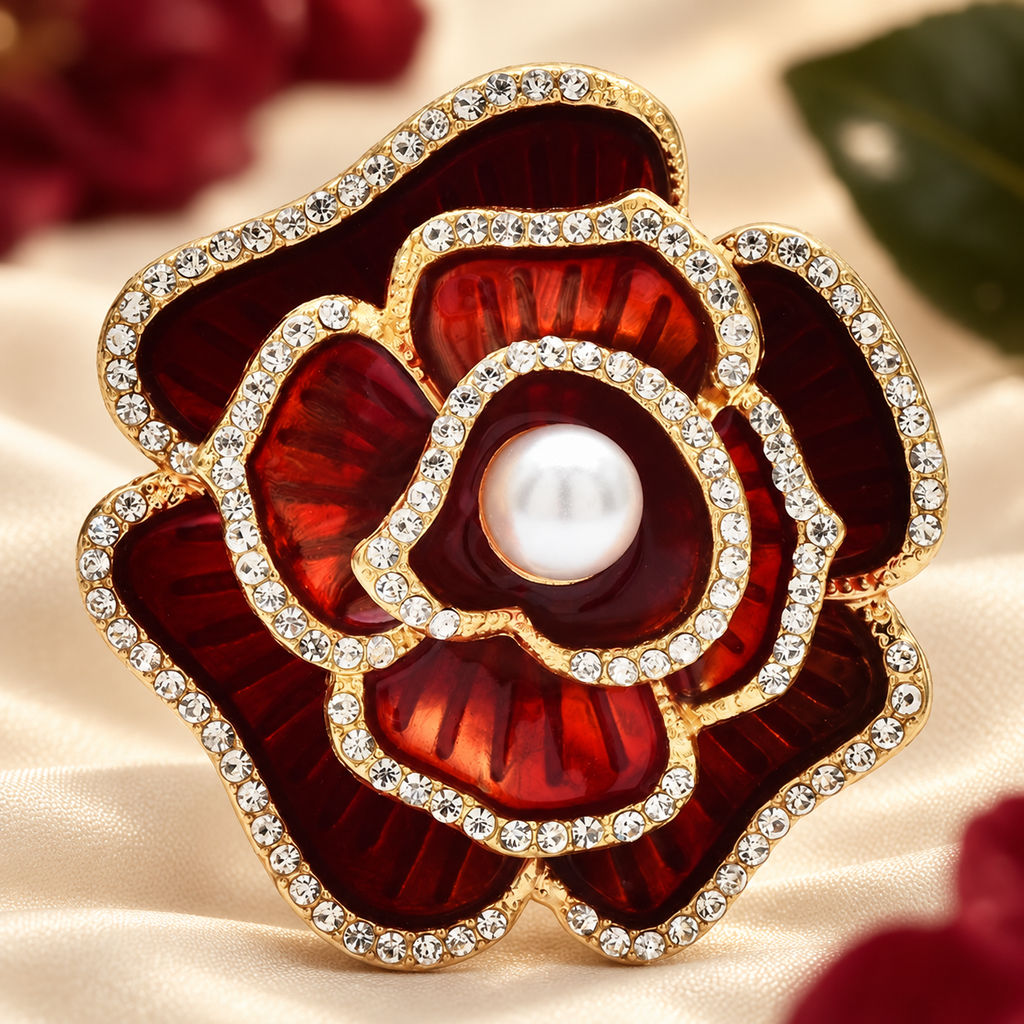 Enamel Camellia with Pearl-Look Center Brooch — styled background