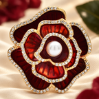 Enamel Camellia with Pearl-Look Center Brooch — styled background
