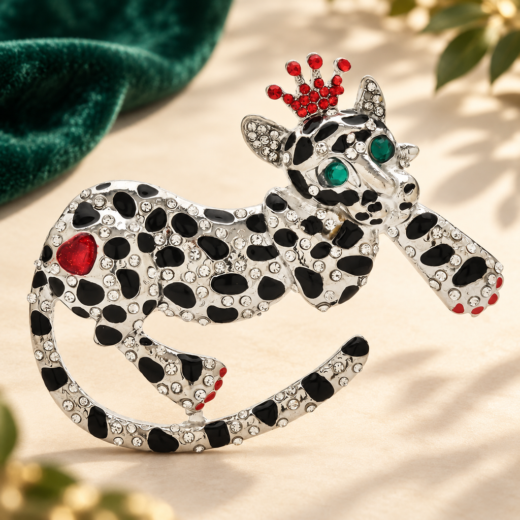Crowned Enamel Leopard with Curved Tail Brooch — styled background
