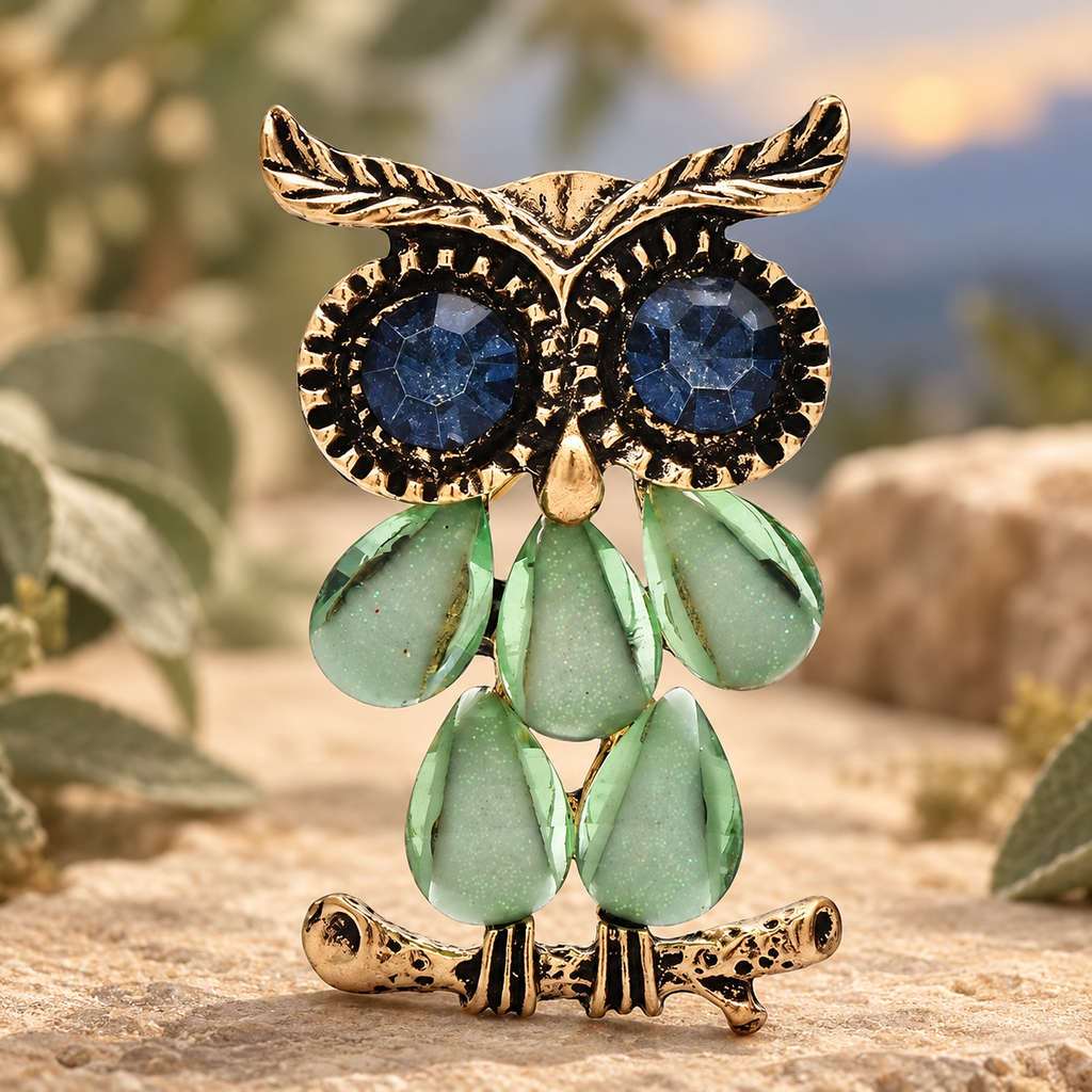 Vintage-Style Owl with Teardrop Feather Body Brooch — styled background