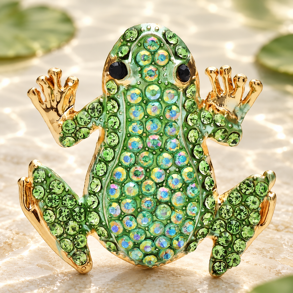 Rhinestone Frog Brooch — styled background