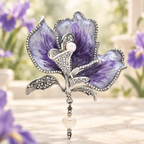 Purple Enamel Iris with Pearl-Look Drop Brooch — styled background