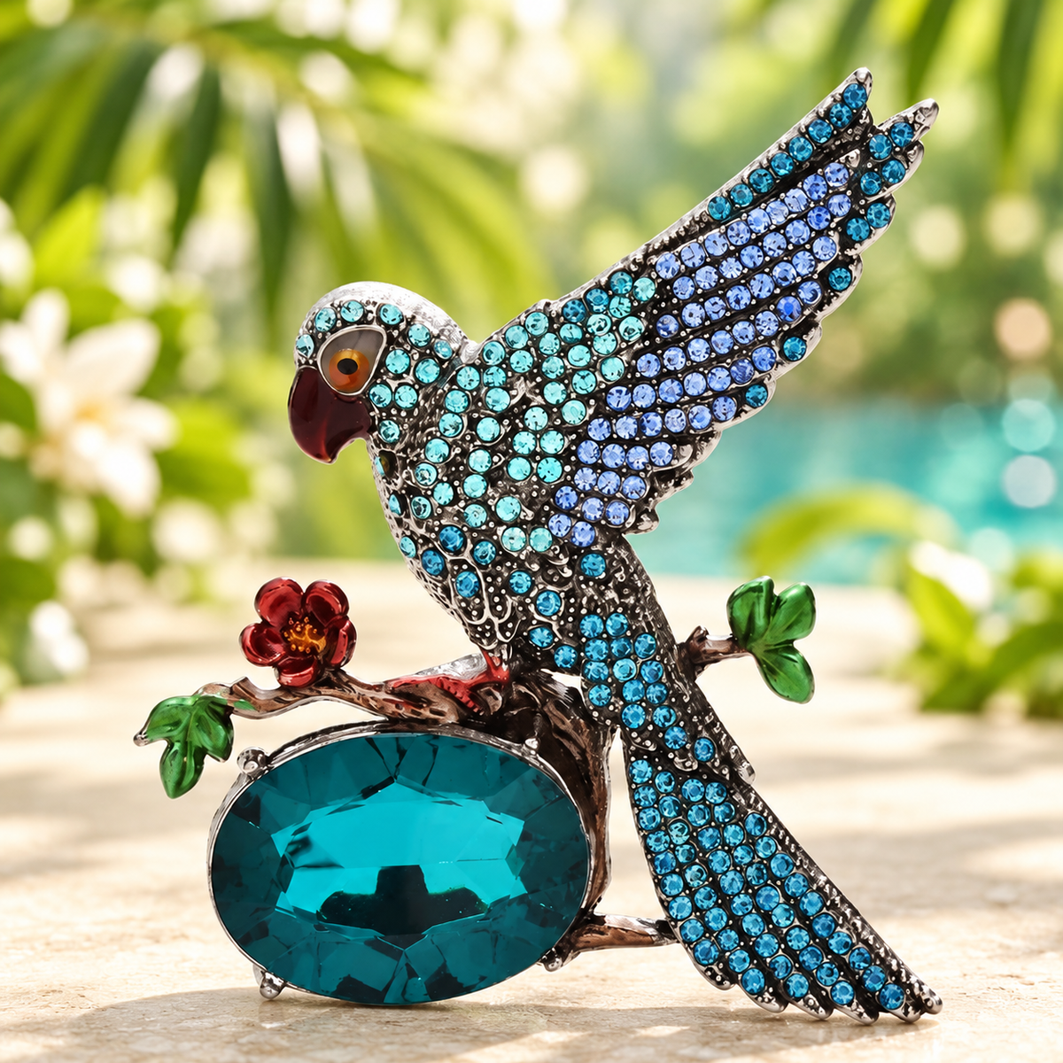 Jeweled Bird with Oval Faceted Stone Brooch — styled background