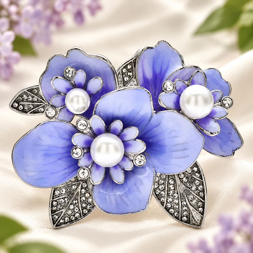 Purple Enamel Lilac with Pearl-Look Centers Brooch — styled background