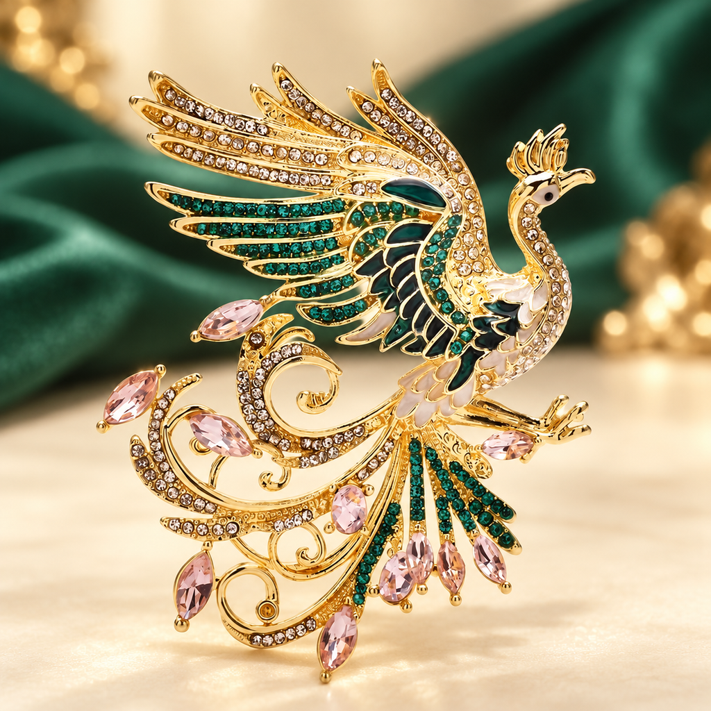 Green Enamel Phoenix with Rhinestones Brooch — styled background