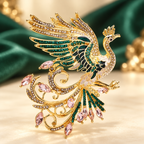Green Enamel Phoenix with Rhinestones Brooch — styled background