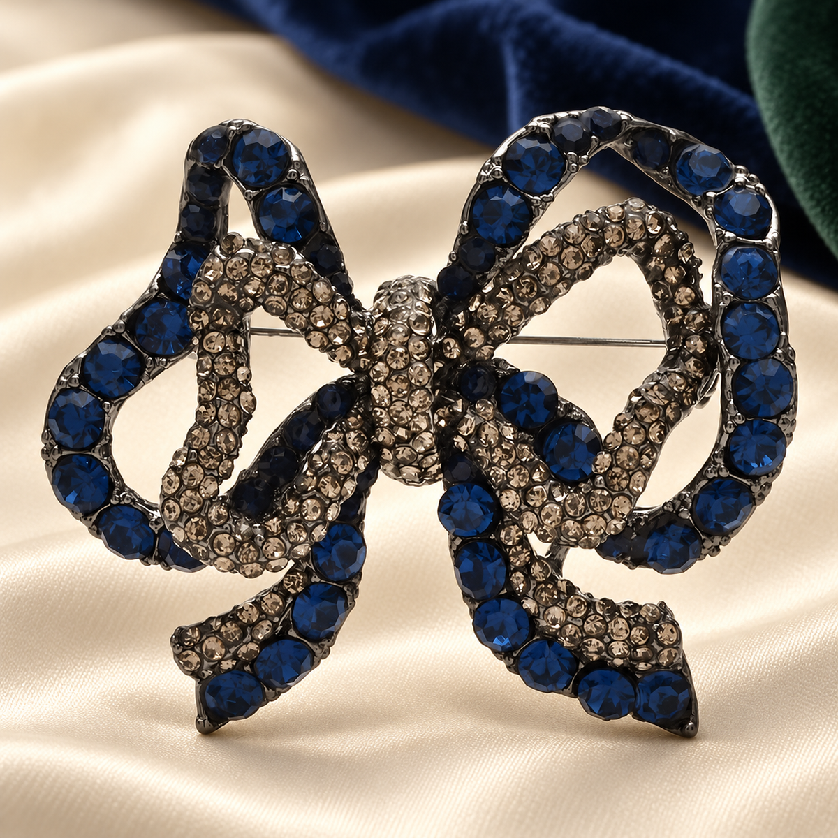 Double-Layer Rhinestone Bow Brooch — styled background