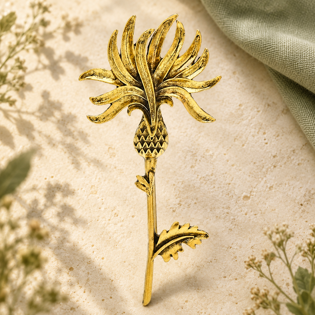Vintage-Style Sculpted Thistle Flower Brooch — styled background